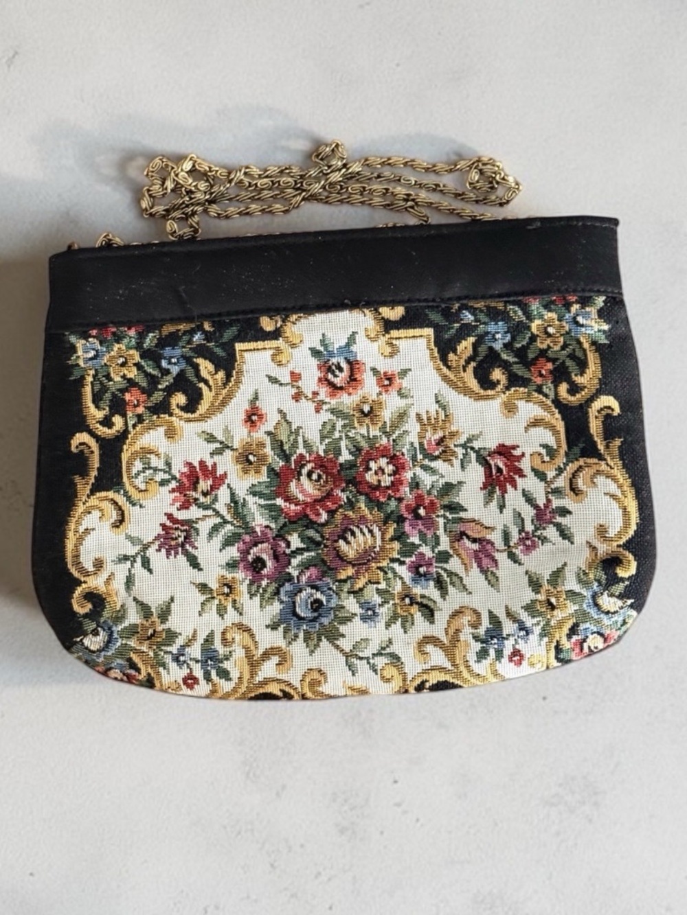 1950s Floral Petit Point Handbag Gold Frame Chain Strap Macau Vintage Mint Cond